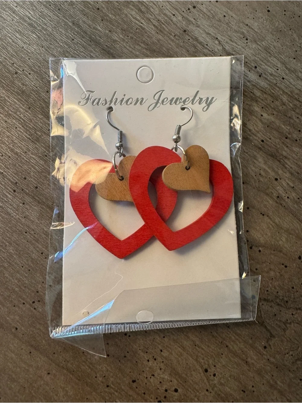 Red and Tan Heart Drop Earrings